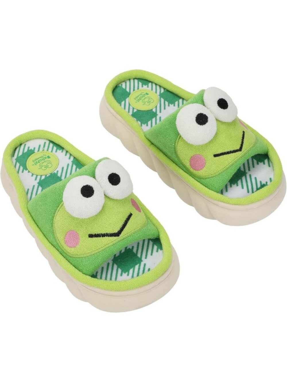 Cozy 3D Character Face Art Green & White Plaid Open-Toe Slide Slippers for Women